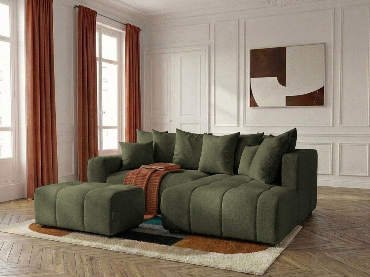 Canapé d'angle L convertible coffre ROXELANE tissu chiné avec pouf