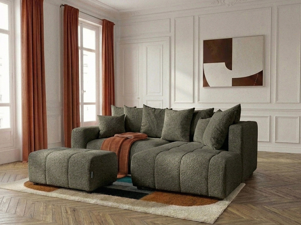 Canapé d'angle L convertible coffre ROXELANE tissu bouclette avec pouf