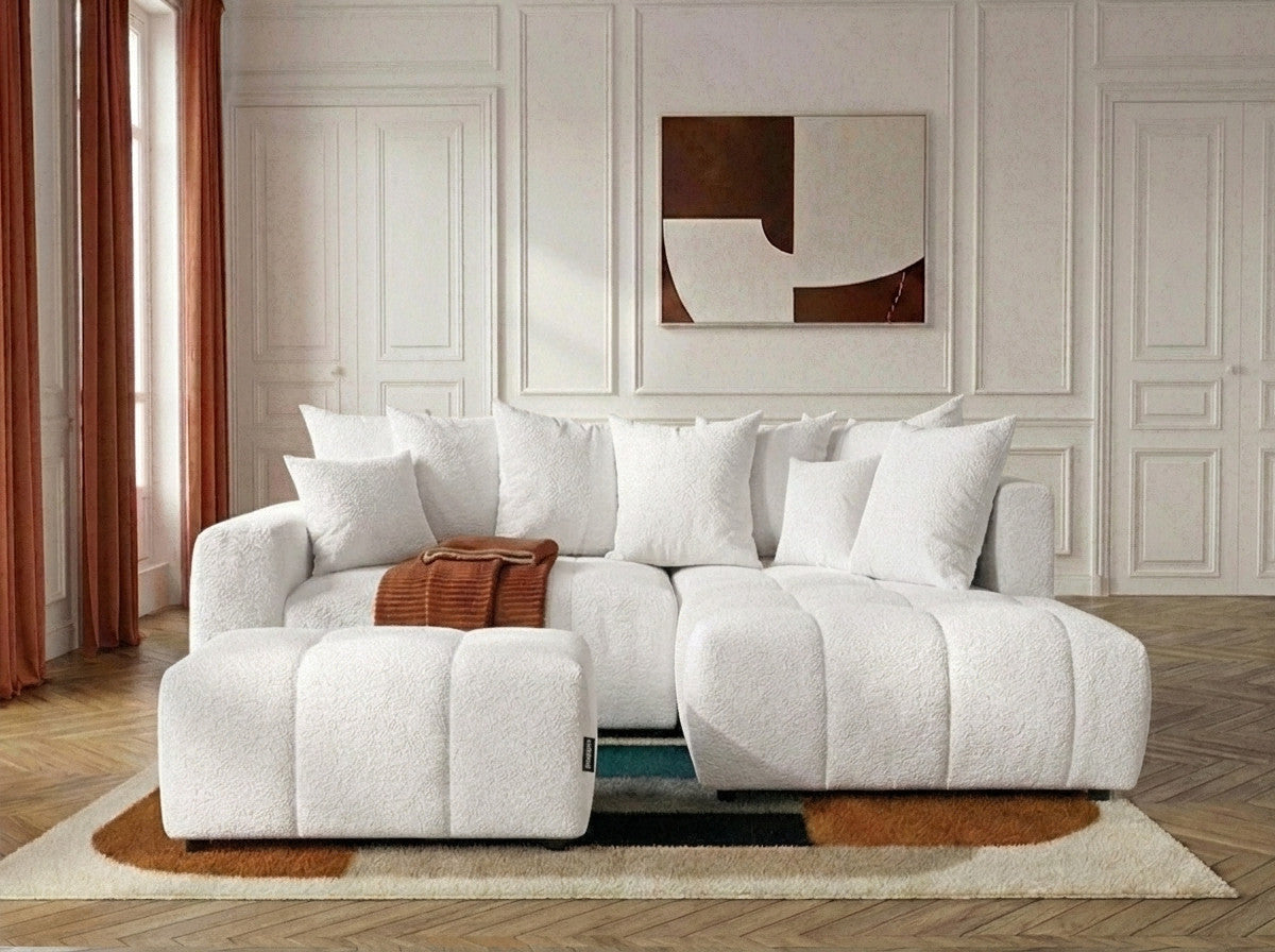 Canapé d'angle L convertible coffre ROXELANE tissu bouclette avec pouf