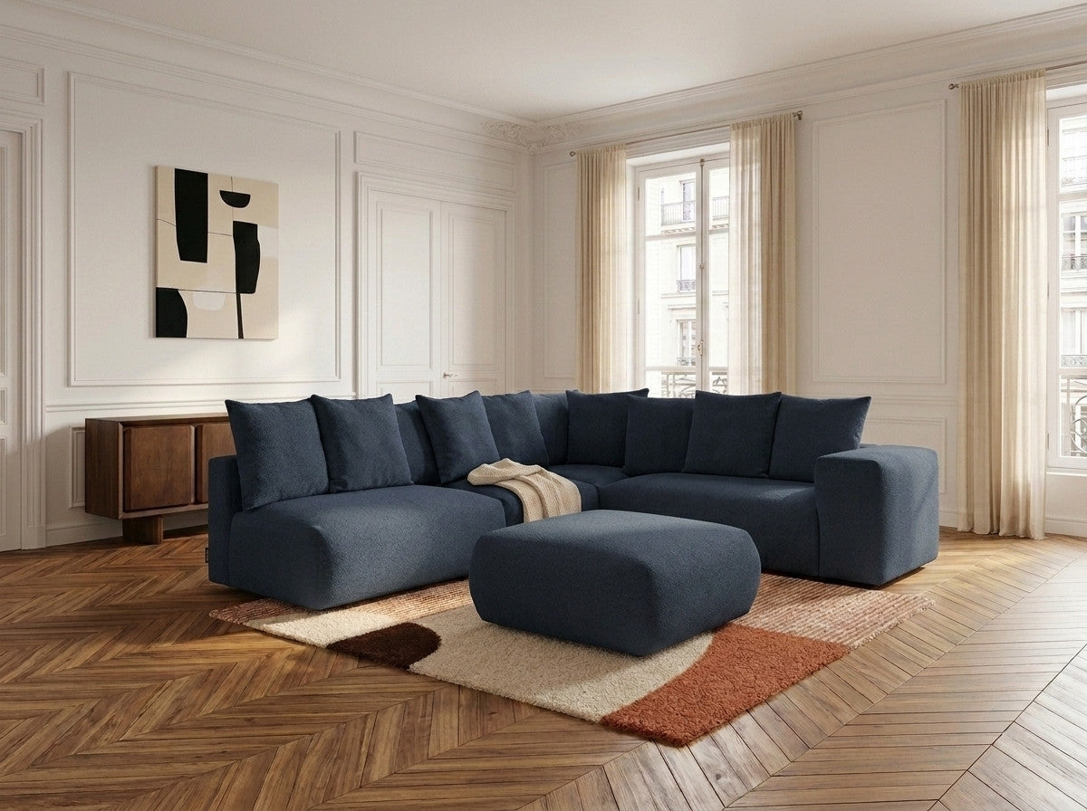 VOLTAIRE modulaire vaste hoekbank met 2 tweezitsfauteuils, 1 hoek- en 1 enkele fauteuil in gem?leerde stof met voetenbank
