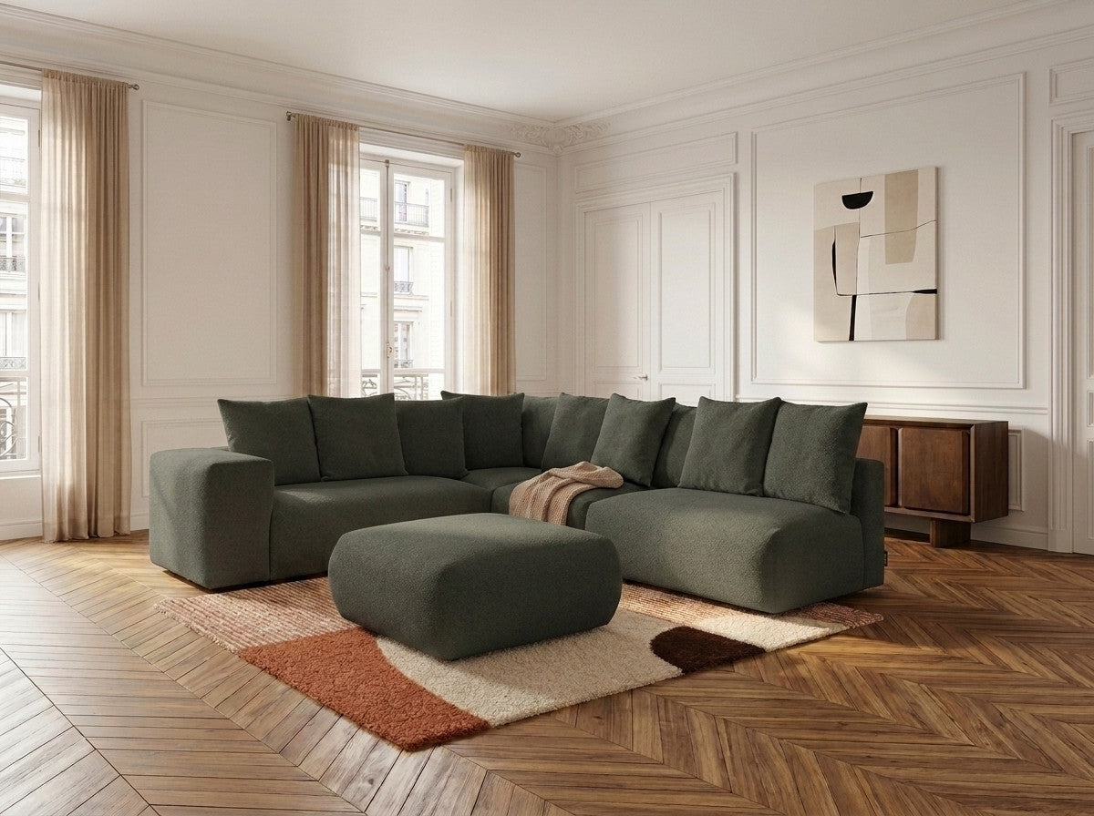 Canapé d'angle fixe modulable VOLTAIRE avec 2 chauffeuses 2 places, 1 angle et 1 chauffeuse 1 place tissu chiné avec pouf