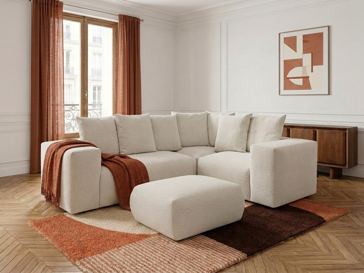 VOLTAIRE modulaire vaste hoekbank met 1 2-zits fauteuil, 1 hoek- en 1 1-zits fauteuil in gem?leerde stof met poef