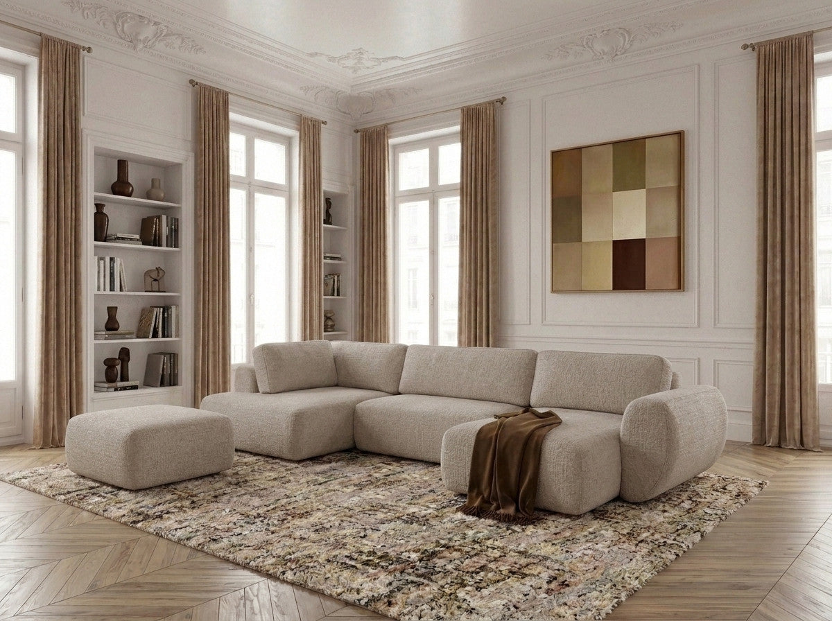 Canapé panoramique convertible coffre DENISE tissu texturé avec pouf