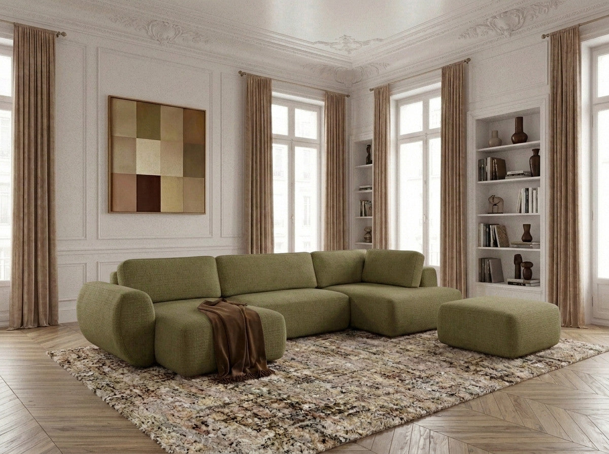 Canapé panoramique convertible coffre DENISE tissu texturé avec pouf