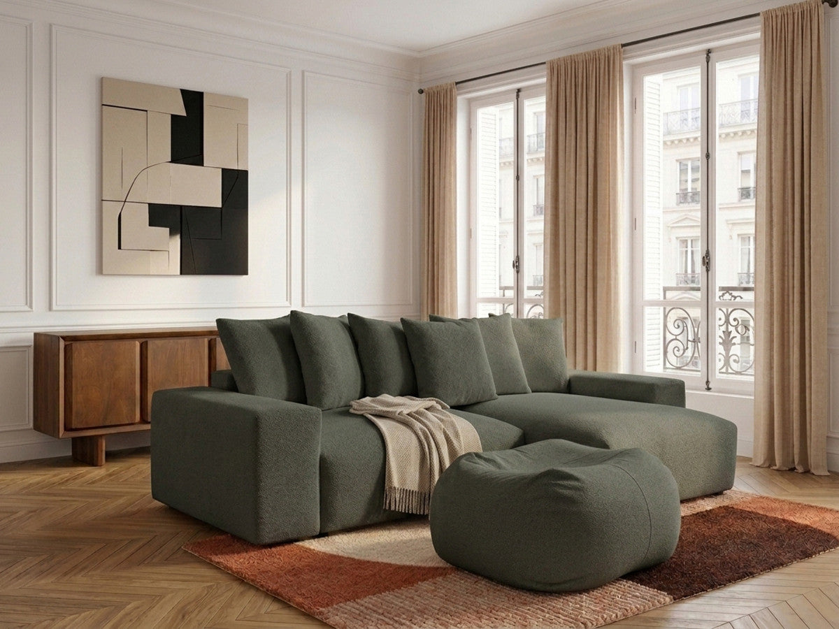 Canapé d'angle réversible convertible coffre VOLTAIRE tissu chiné avec pouf