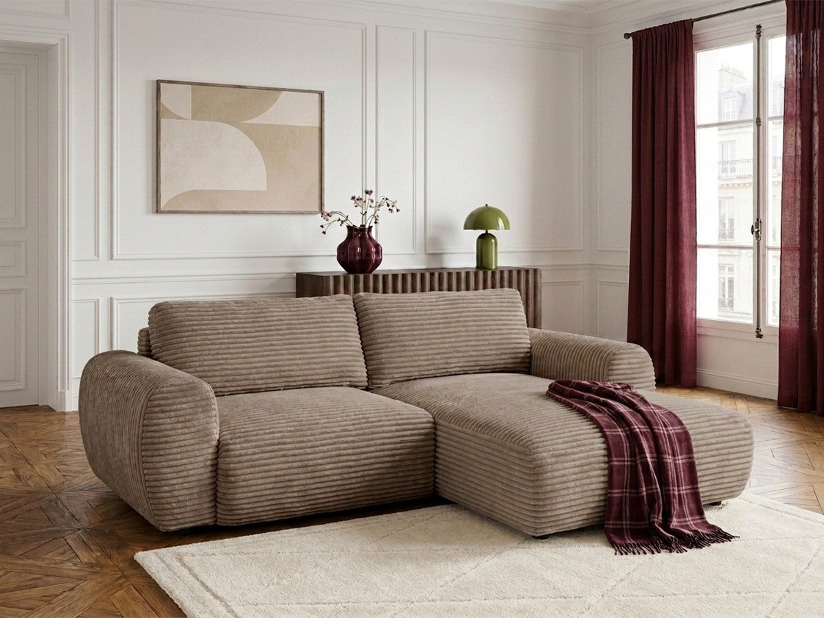 Canapé d'angle compact convertible coffre LUCIEN gros côtelé doux