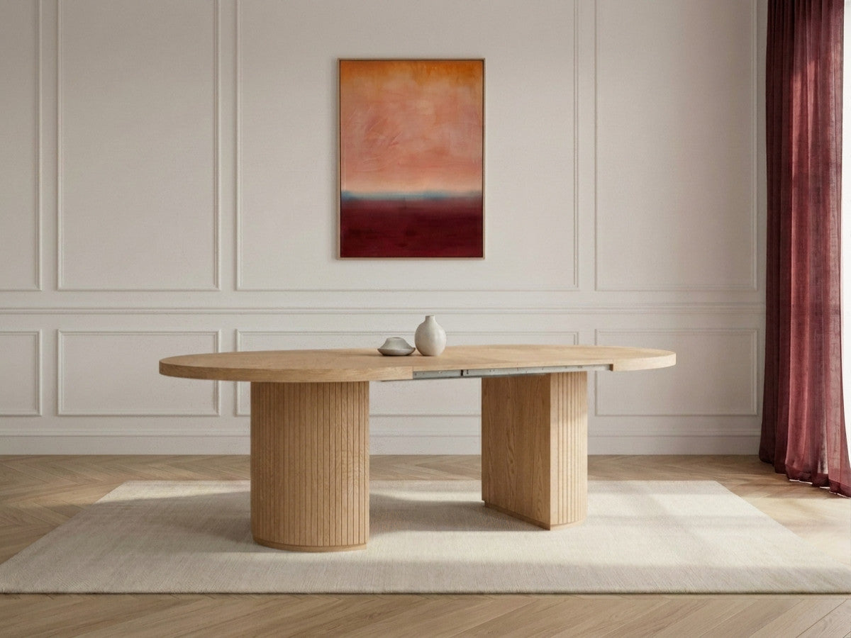 Table à manger ronde extensible 120 à 204 cm PRADO placage chêne massif avec rangements