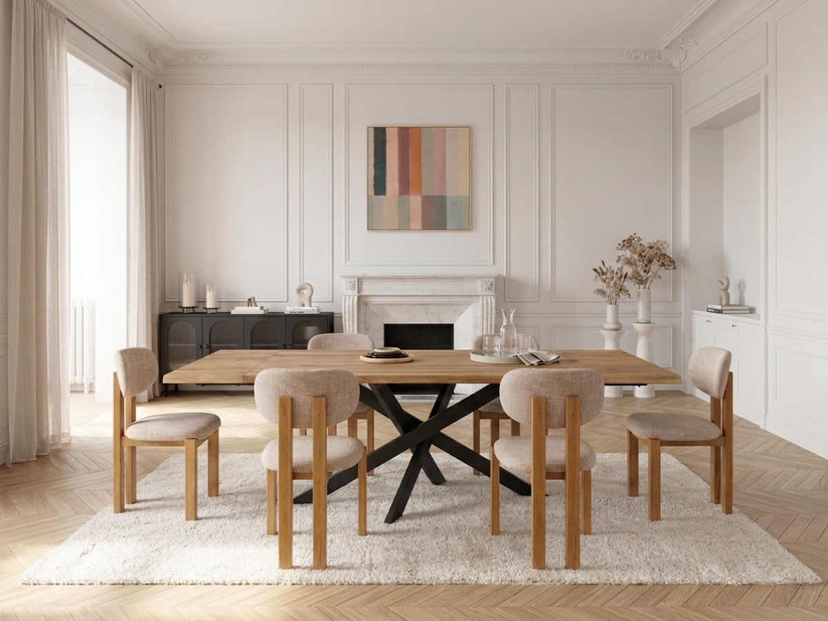 Set ZELIE met uitschuifbare eettafel massief eiken en metaal + sets van stoelen VALENTINE massief beuken
