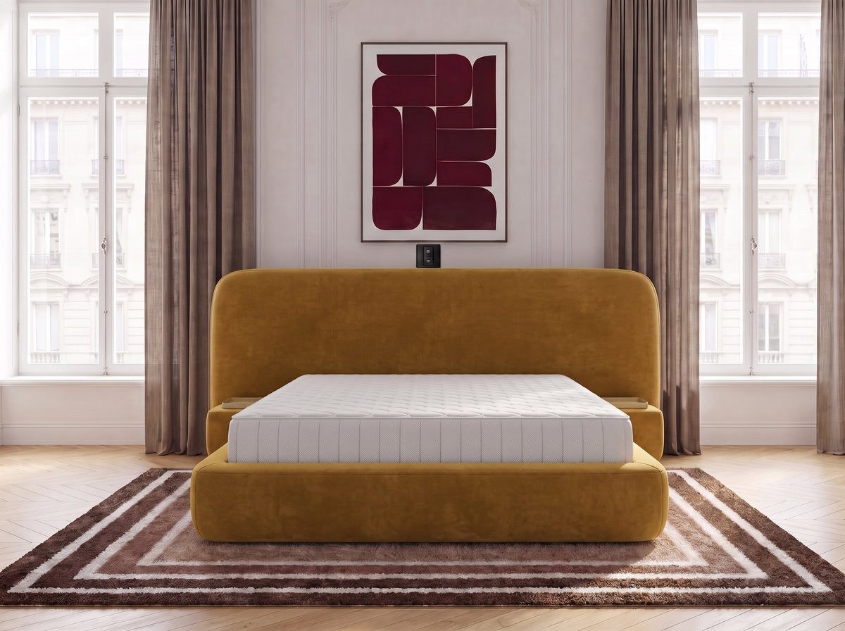Set met elektrisch opbergbed AURAE met geïntegreerde nachtkastjes + hybride matras