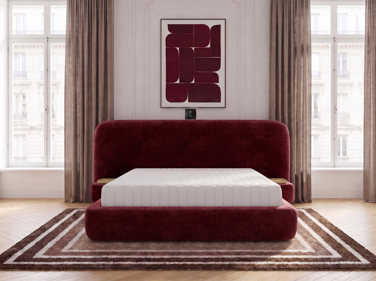 Set met elektrisch opbergbed AURAE met geïntegreerde nachtkastjes + hybride matras