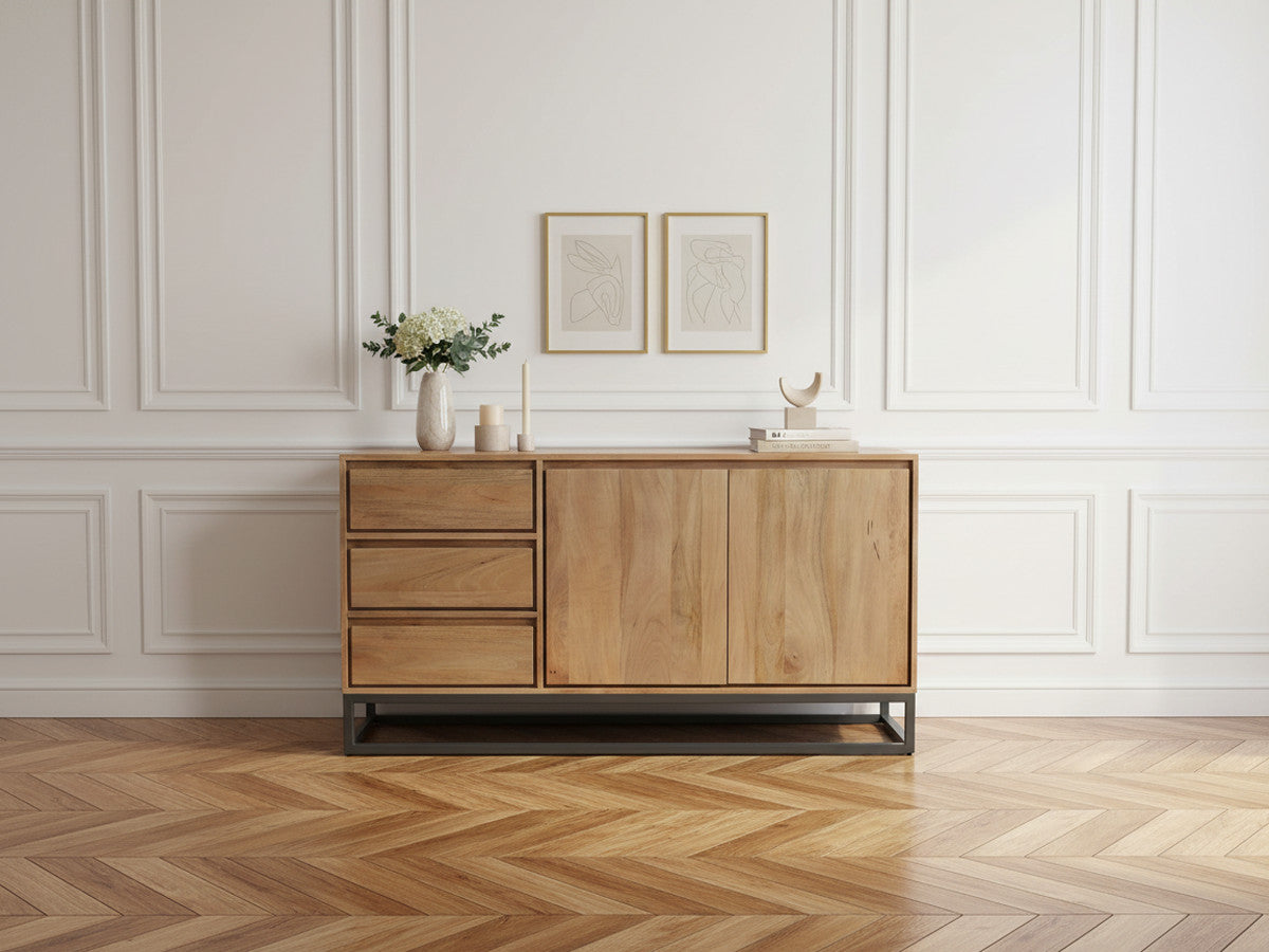 2-deurs, 3-laden dressoir, 150 cm, BERGERAC, massief mangohout