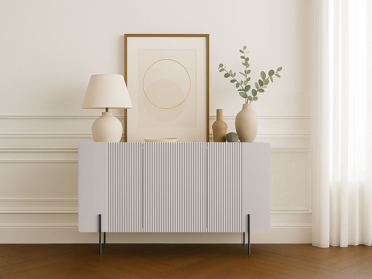 Buffet 3 portes 150 cm MATHILDE plateau effet marbre et pieds noirs