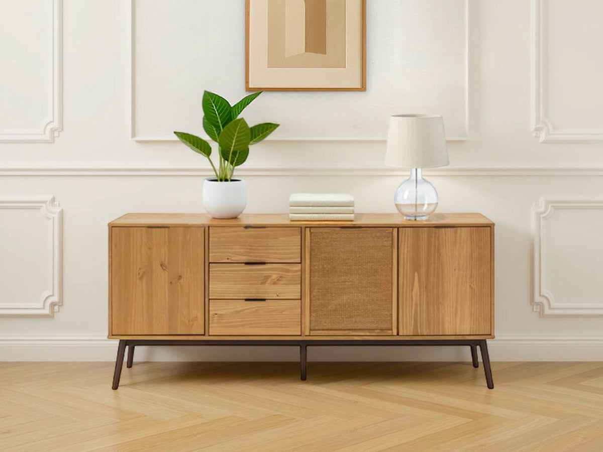 Dressoir 3 deuren 186 cm ALBI in massief hout en rotan
