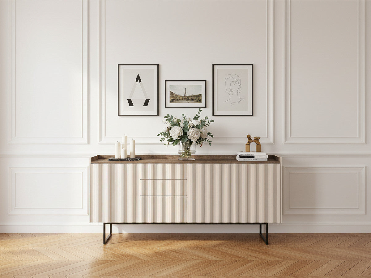 Buffet 3 portes 192 cm LOUNA beige et effet bois avec tasseaux et LED