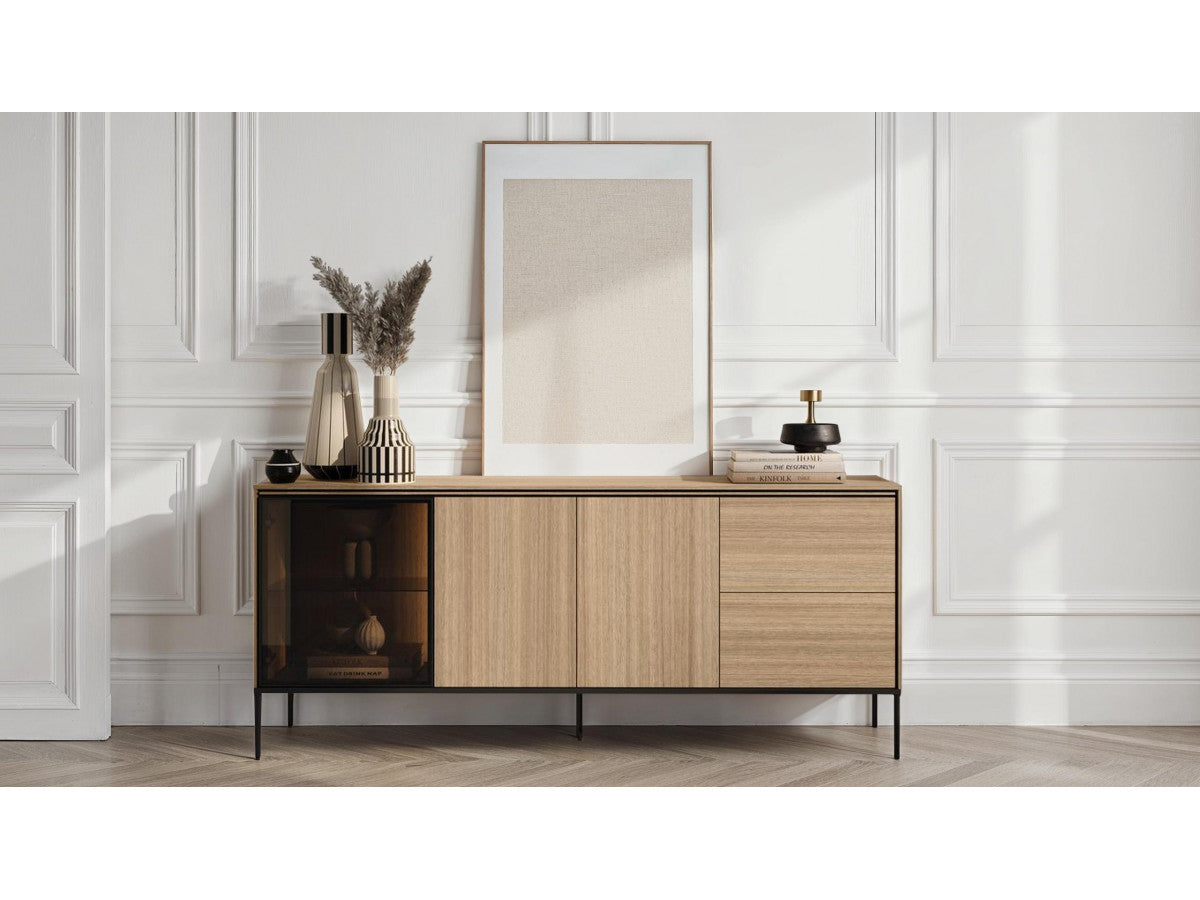 VERONA 3-deurs, 2-laden dressoir 200 cm eikenhouten look en rookglas met LED's