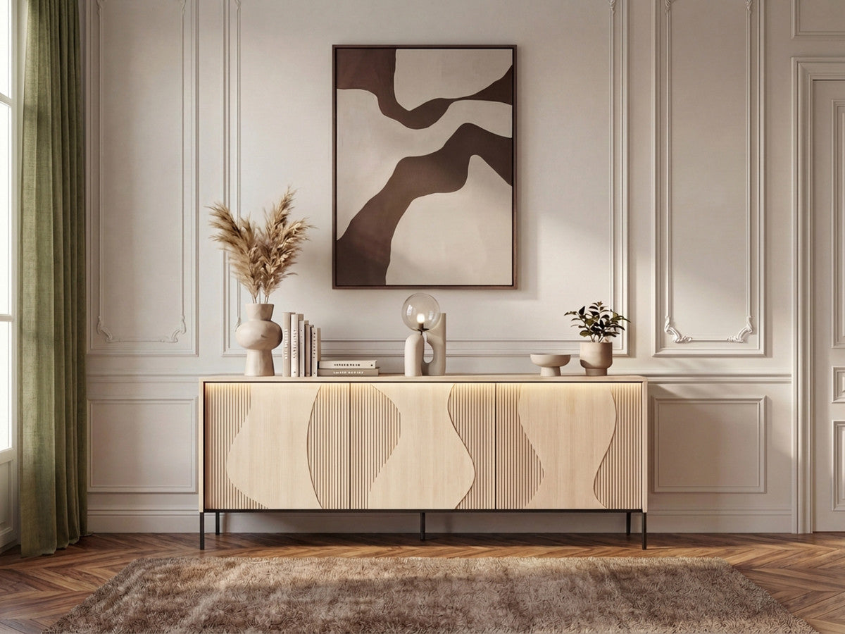 FLORE dressoir met 3 deuren in eikenhoutlook met LED-verlichting