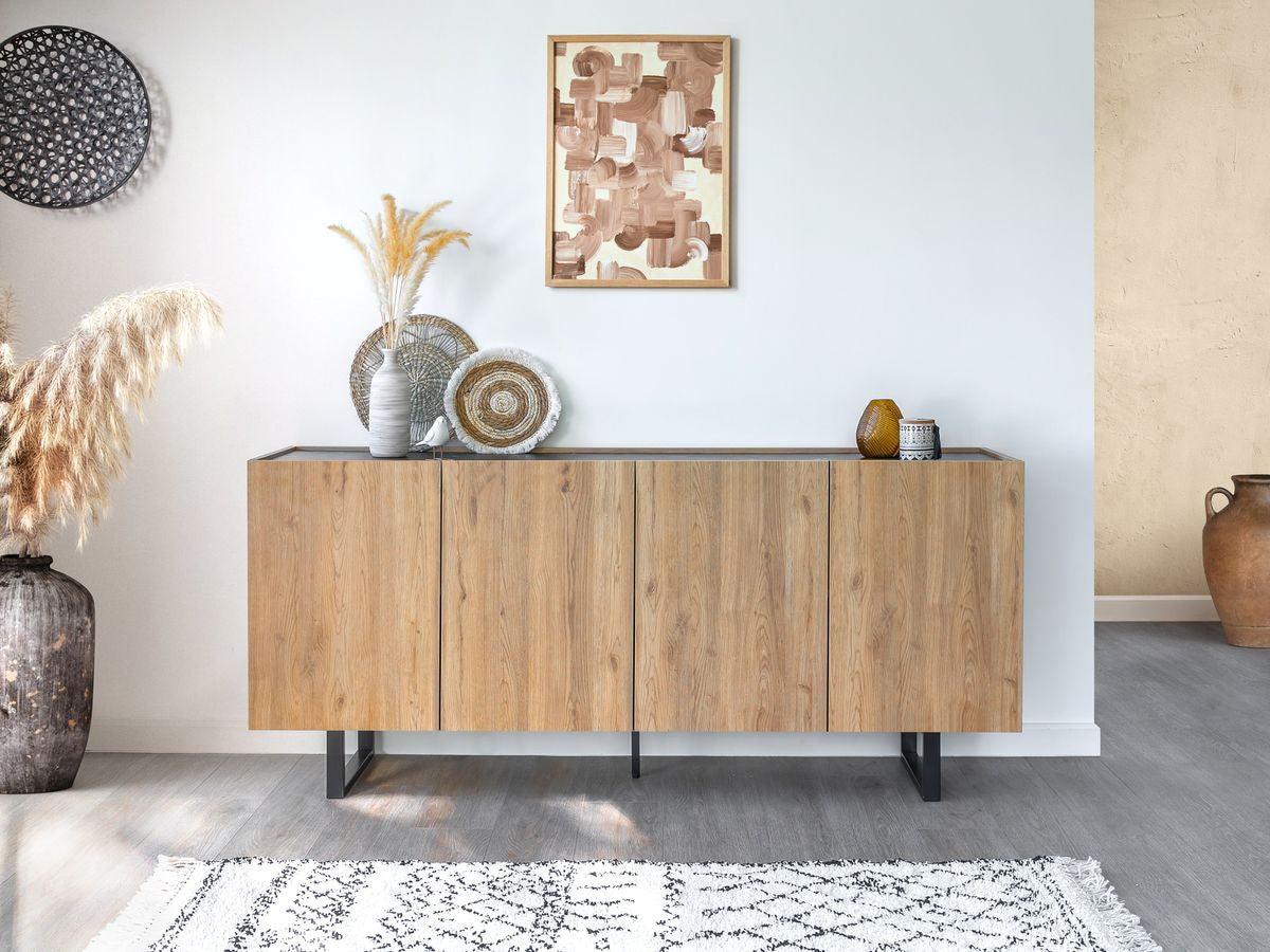 Buffet 4 portes 180 cm OPERA effet chêne et imitation marbre noir