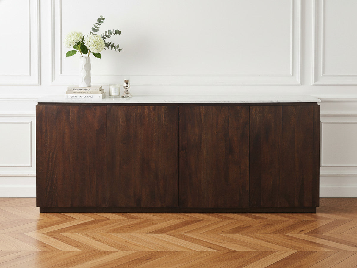 BARBARA dressoir met 4 deuren, 200 cm, massief mangohout en marmer