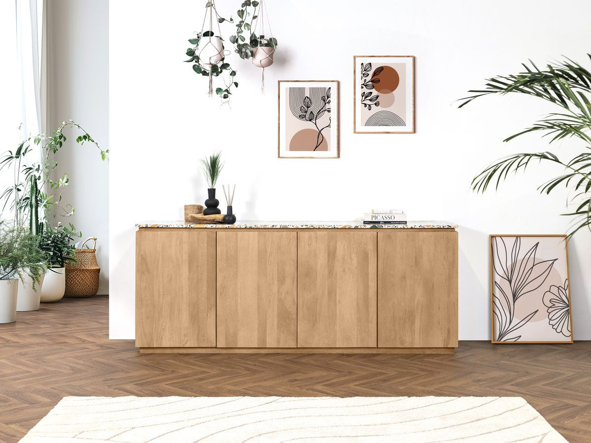 Buffet 4 portes 200 cm BARBARA bois massif de manguier et terrazzo