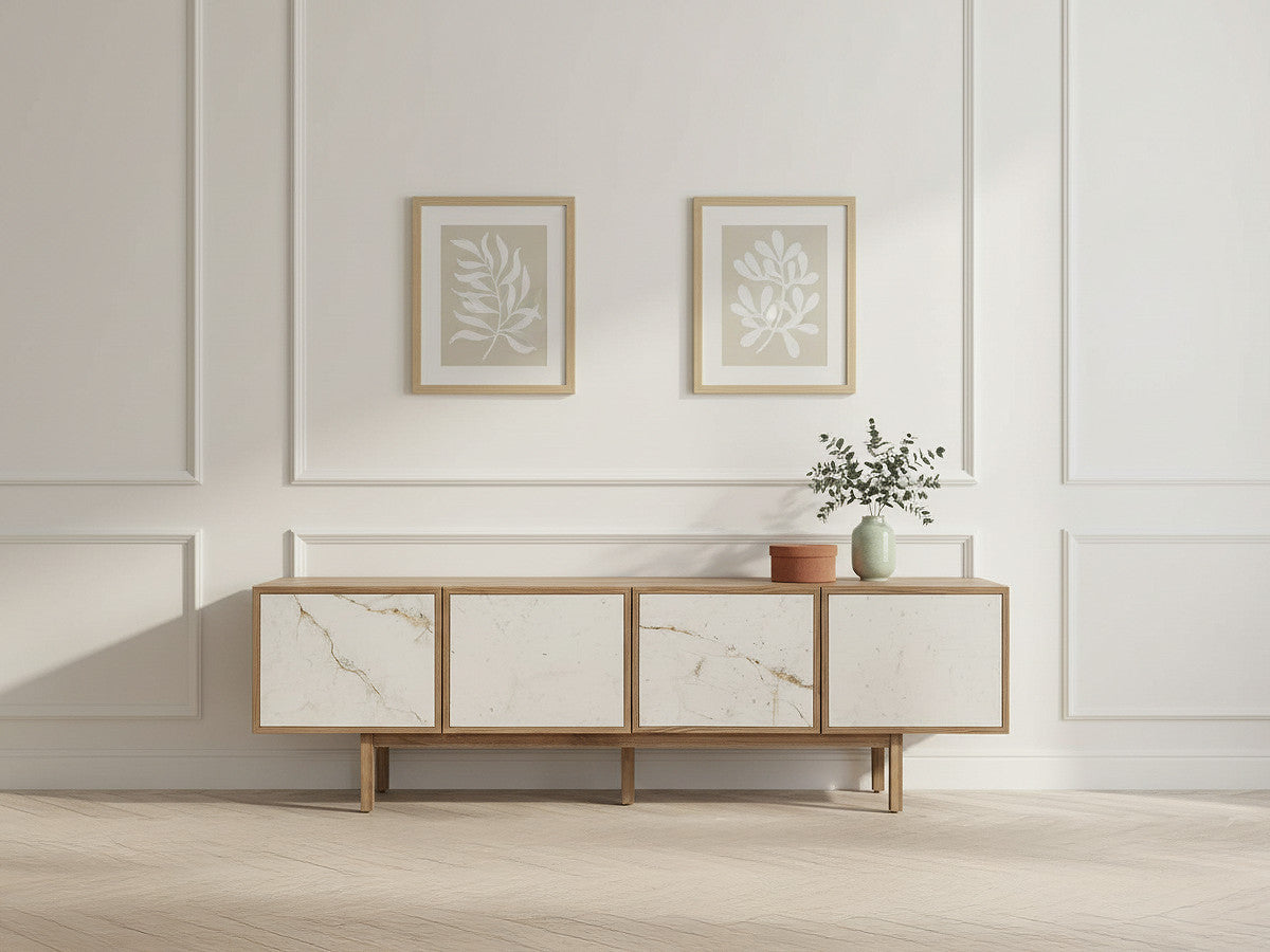 Meuble TV 4 portes 180 cm BARI placage chêne massif et céramique