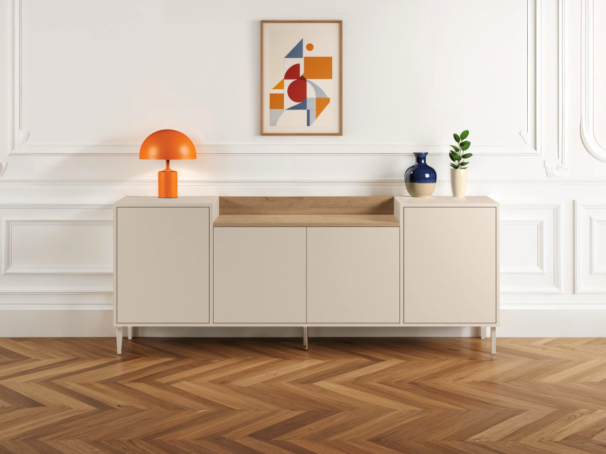 Buffet 4 portes 200 cm LINO plateau effet chêne et pieds métal