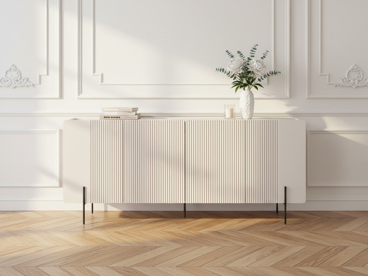 Buffet 4 portes 200 cm MATHILDE plateau effet marbre et pieds noir