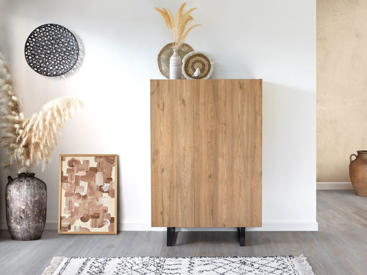 Buffet haut 2 portes 90 cm OPERA effet chêne et imitation marbre noir