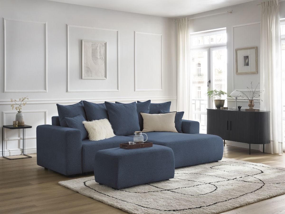 Canapé d'angle convertible coffre ATILLA tissu chiné avec pouf