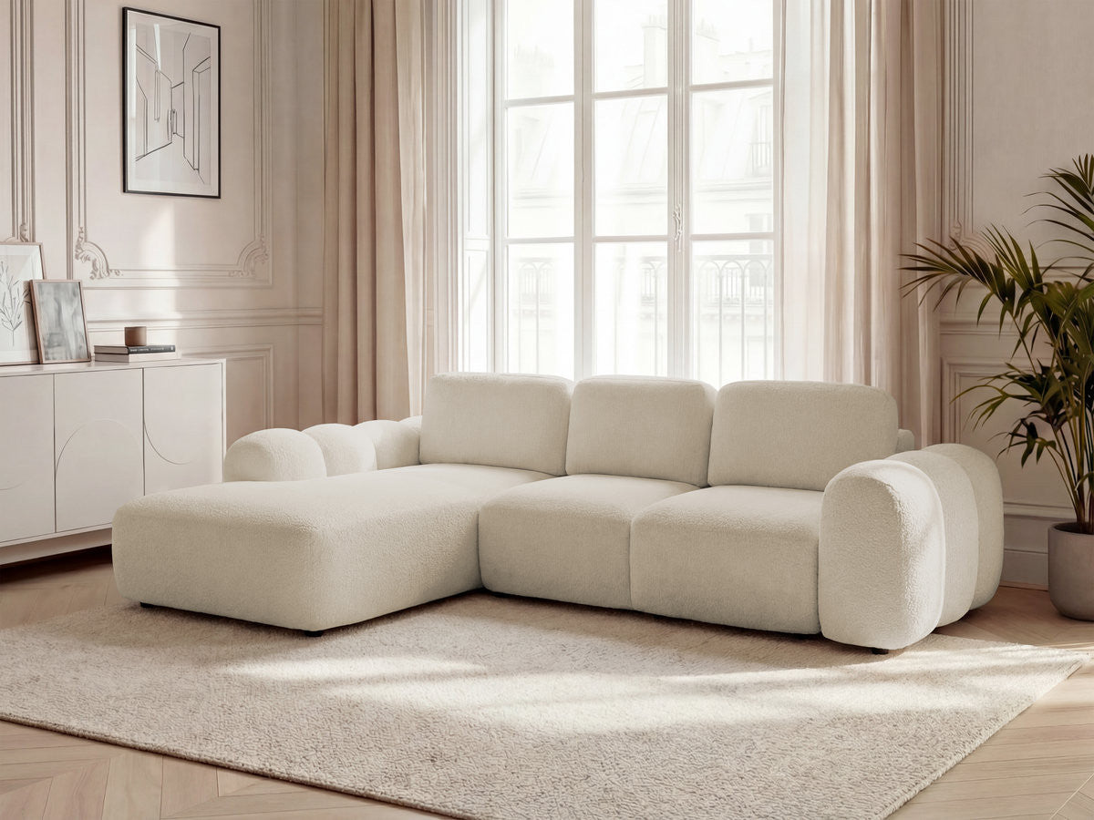 Canapé d'angle convertible coffre grande méridienne MONTAIGNE tissu bouclette