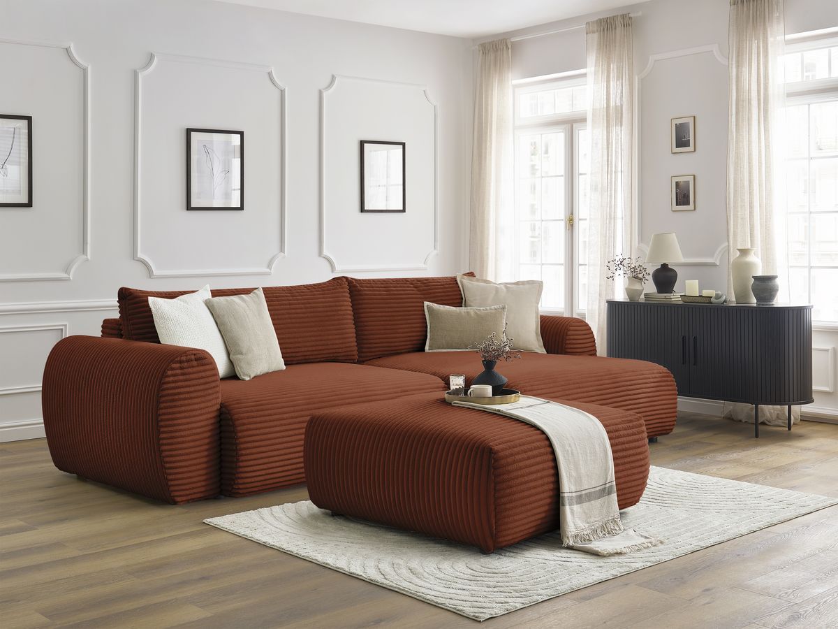 Canapé d'angle convertible coffre LUCIEN gros côtelé doux avec pouf