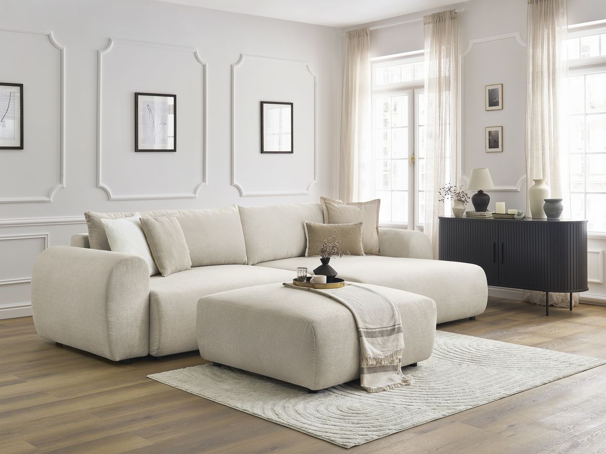 Canapé d'angle convertible coffre LUCIEN tissu lisse avec pouf