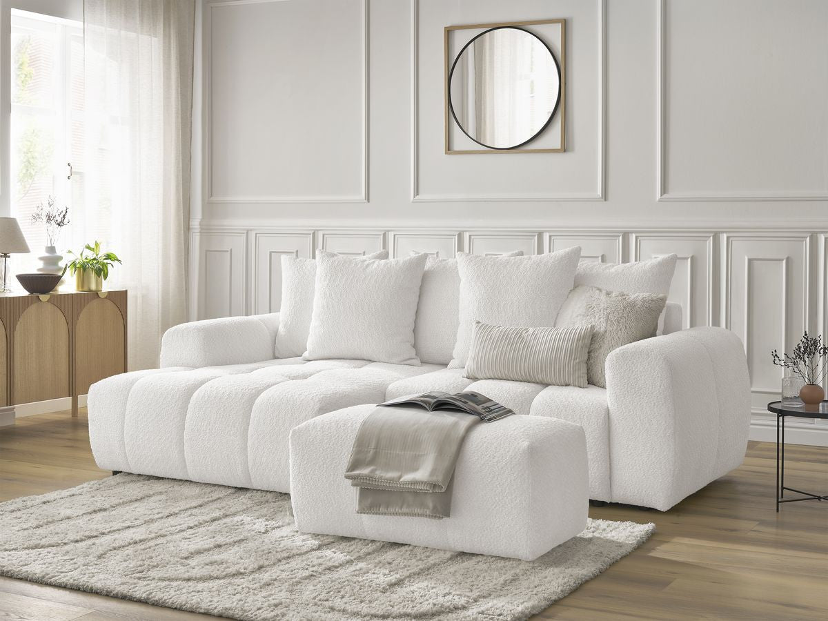 Canapé d'angle convertible coffre ROXELANE tissu bouclette avec pouf
