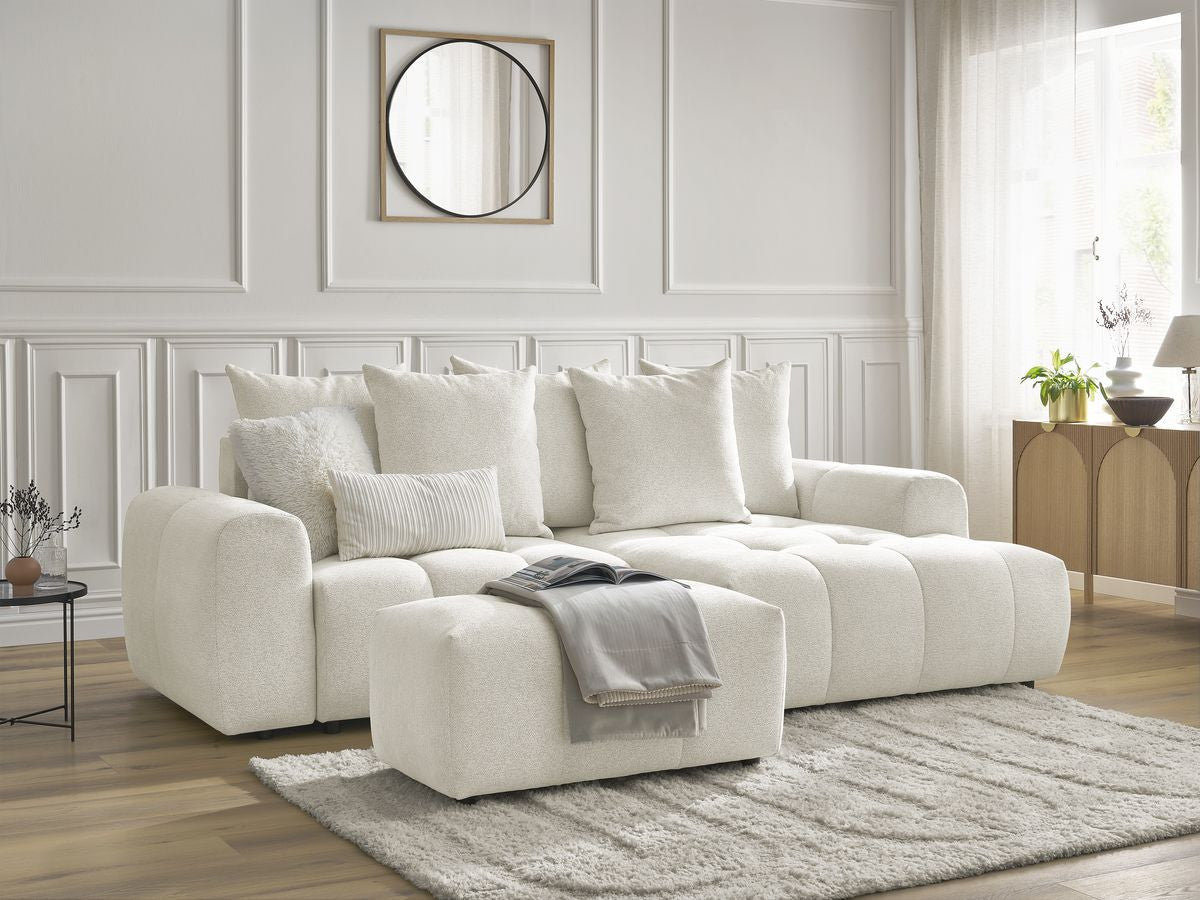 ROXELANE omvormbare hoekbank met opbergvak in gemêleerde stof met poef