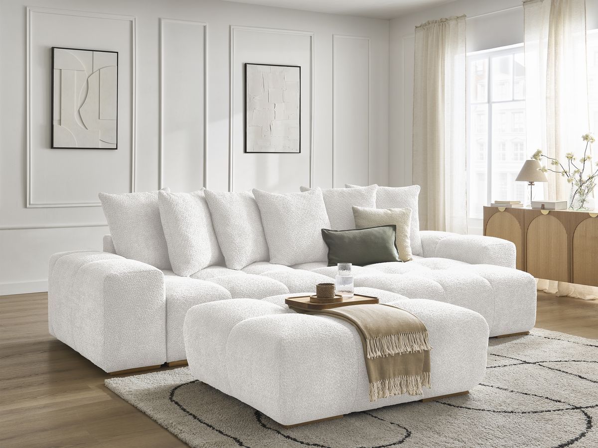 Canapé d'angle convertible réversible coffre ANAKIN tissu bouclette avec pouf