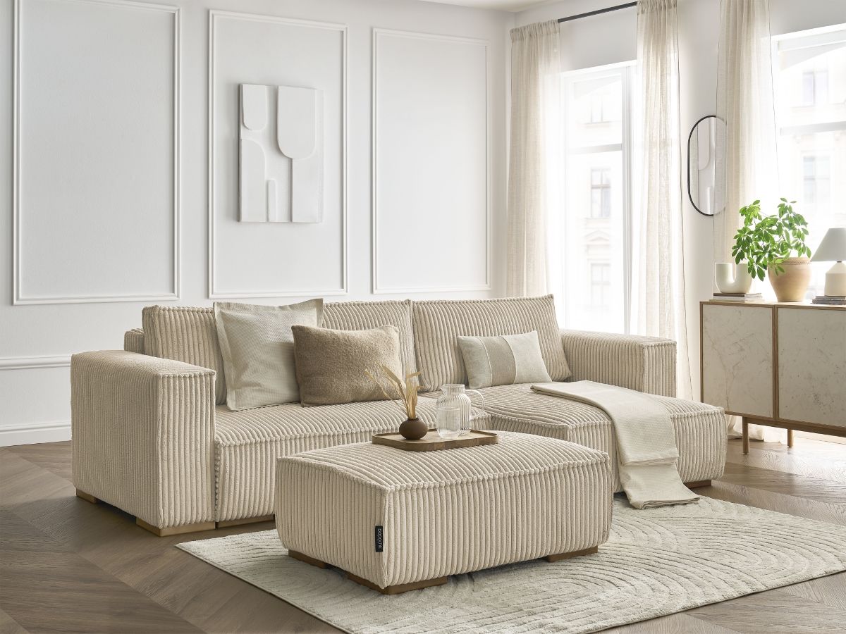 Canapé d'angle convertible réversible coffre CHELSEA gros côtelé doux avec pouf