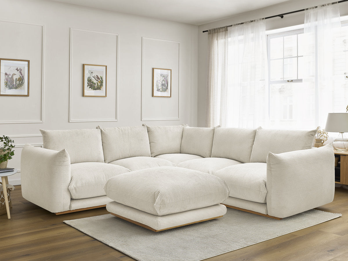 Canapé d'angle fixe ERNEST tissu velours côtelé avec pouf