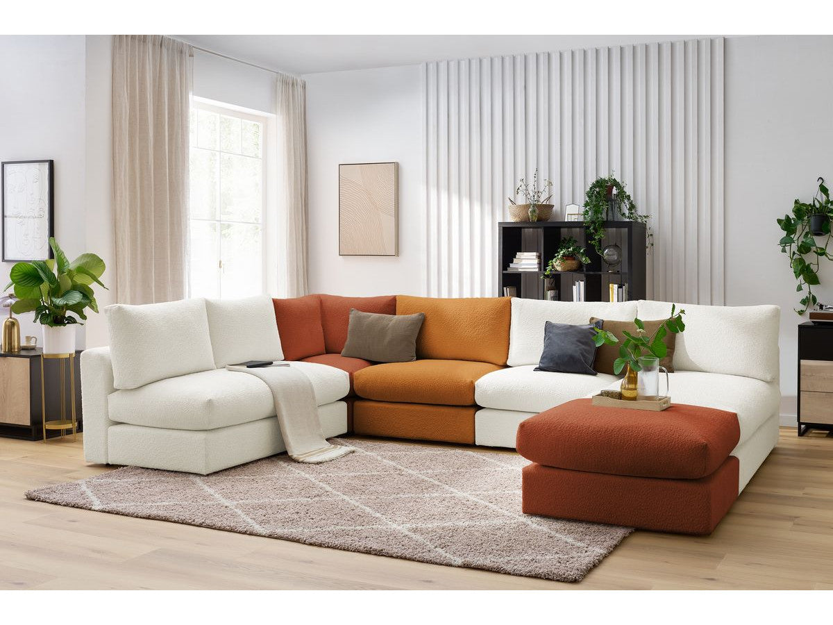 Canapé d'angle fixe 100% modulable PARIS tissu bouclette 3 chauffeuses, 1 méridienne, 1 angle, 1 pouf