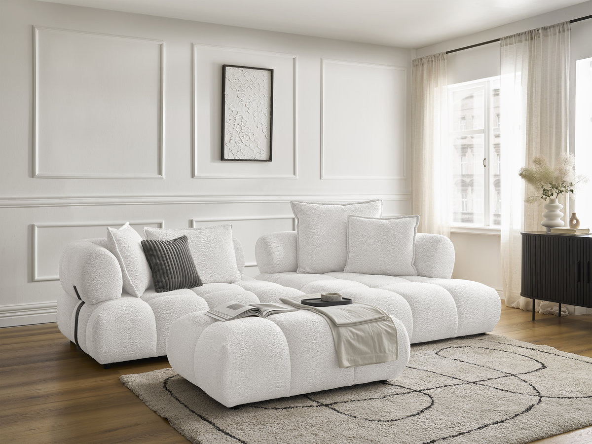 Canapé d'angle fixe ALYA tissu bouclette avec pouf