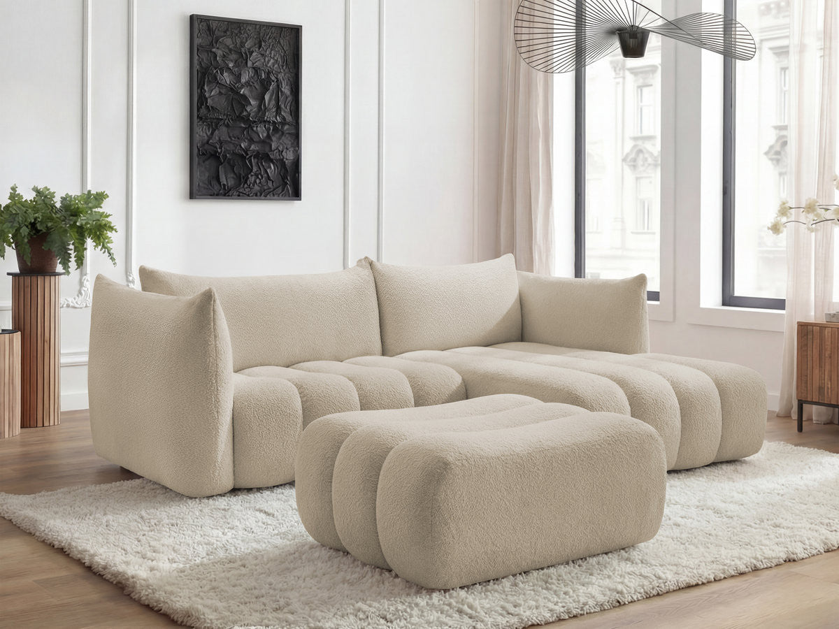 Canapé d'angle fixe AZRA tissu bouclette avec pouf