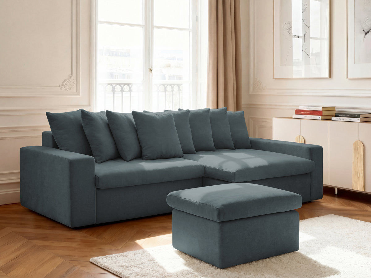 Canapé d'angle fixe ENORE tissu lisse avec pouf