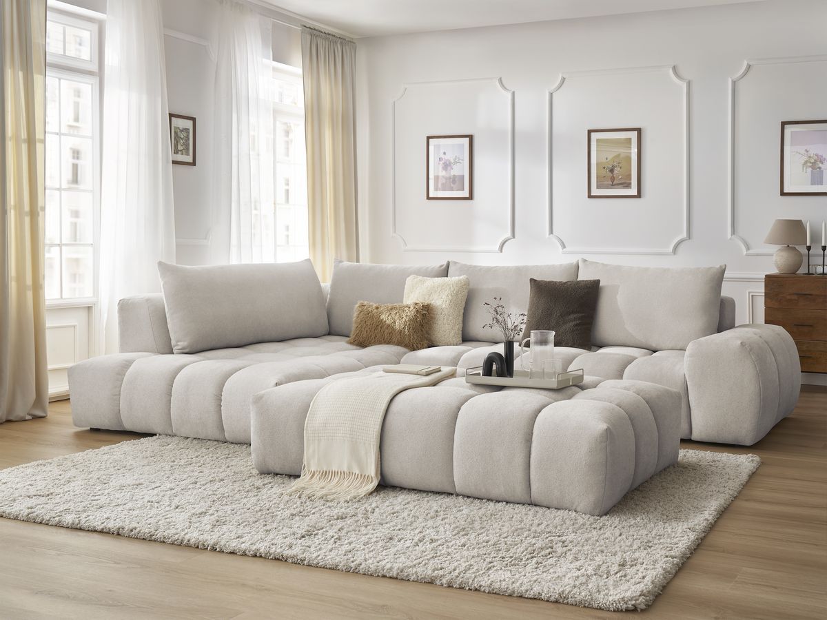 Canapé d'angle fixe EVEREST tissu texturé avec pouf