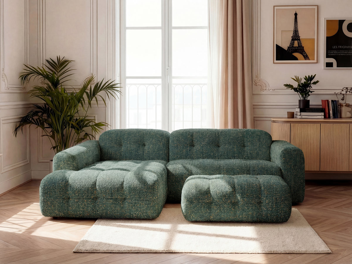 LAURA vaste hoekbank in gemęleerde stof met grote voetenbank