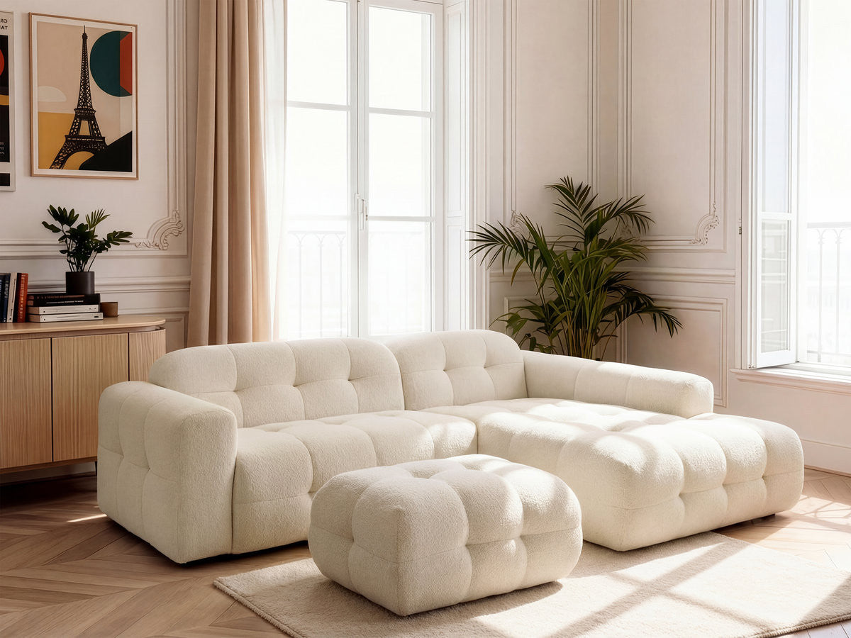 Canapé d'angle fixe LAURA tissu chiné avec petit pouf