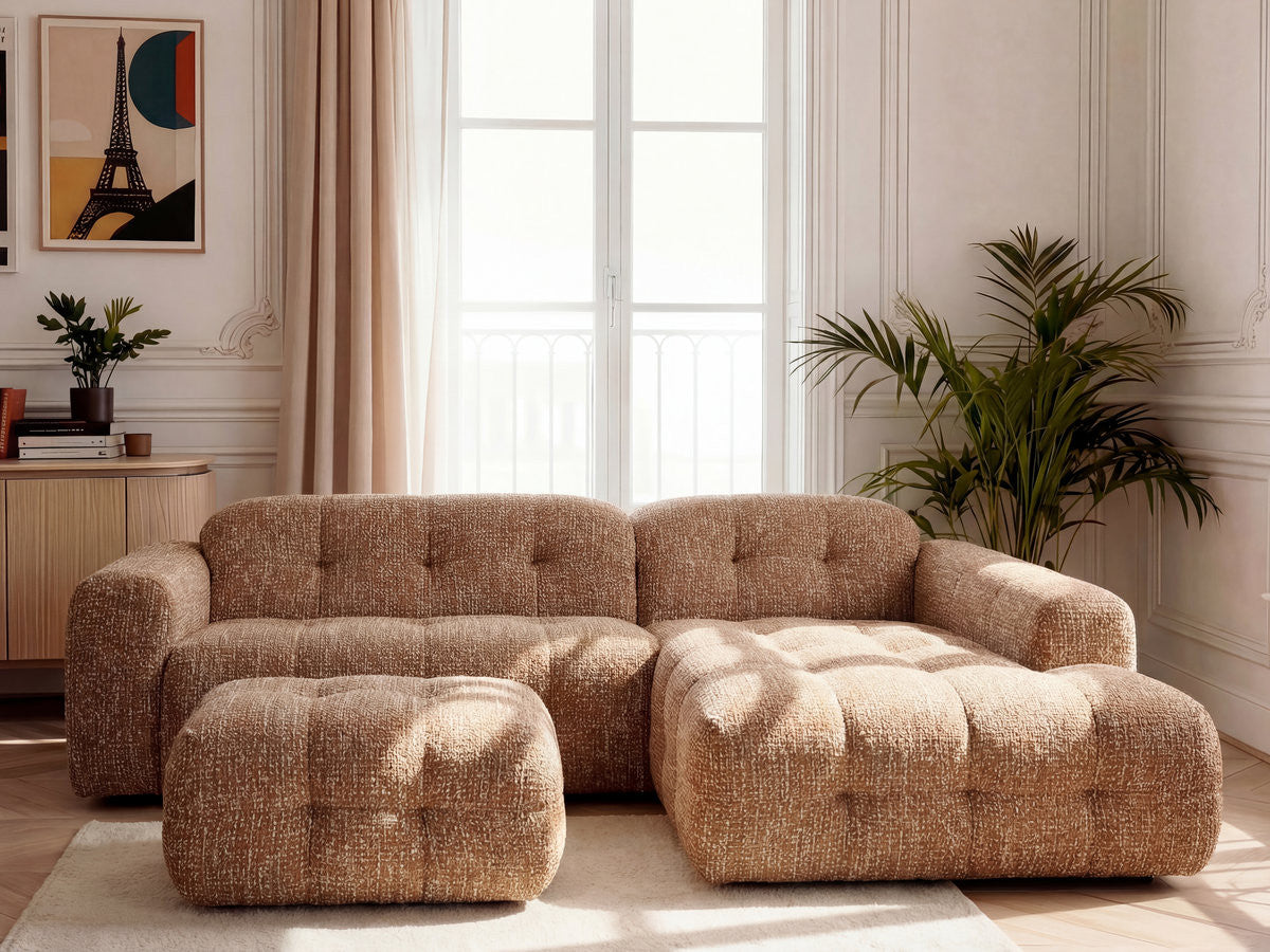 LAURA vaste hoekbank in gemęleerde stof met kleine poef