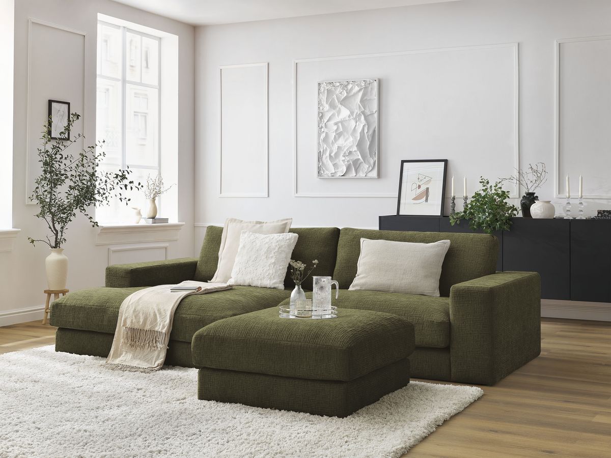 LEONARD vaste hoekbank in structuurstof met voetenbank