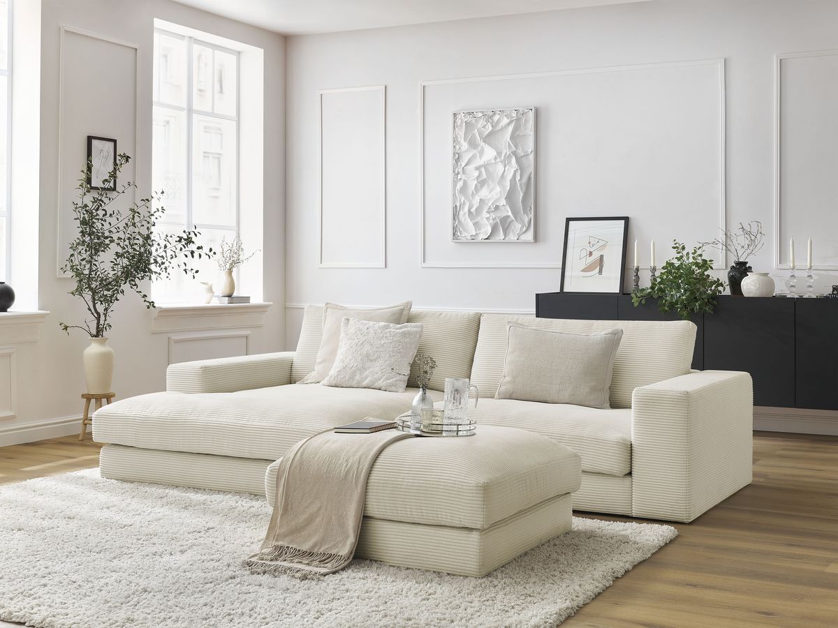 Canapé d'angle fixe LEONARD velours côtelé avec pouf