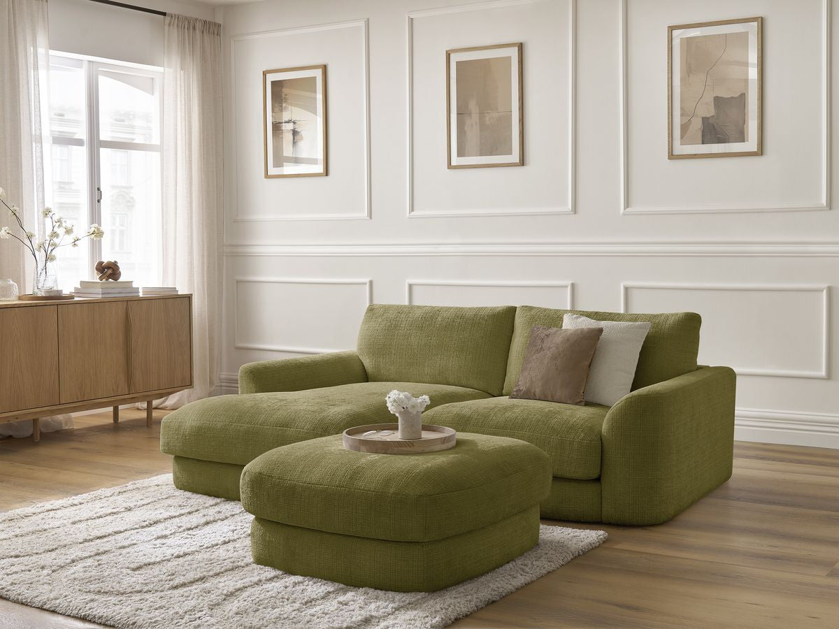 LEONORE vaste hoekbank in structuurstof met poef