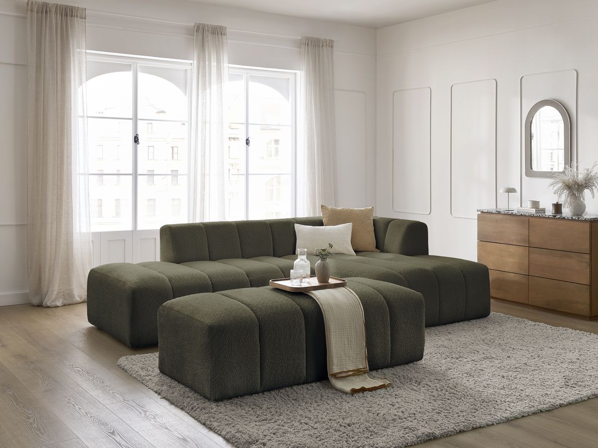 Canapé d'angle fixe modulable ANNECY tissu bouclette avec pouf