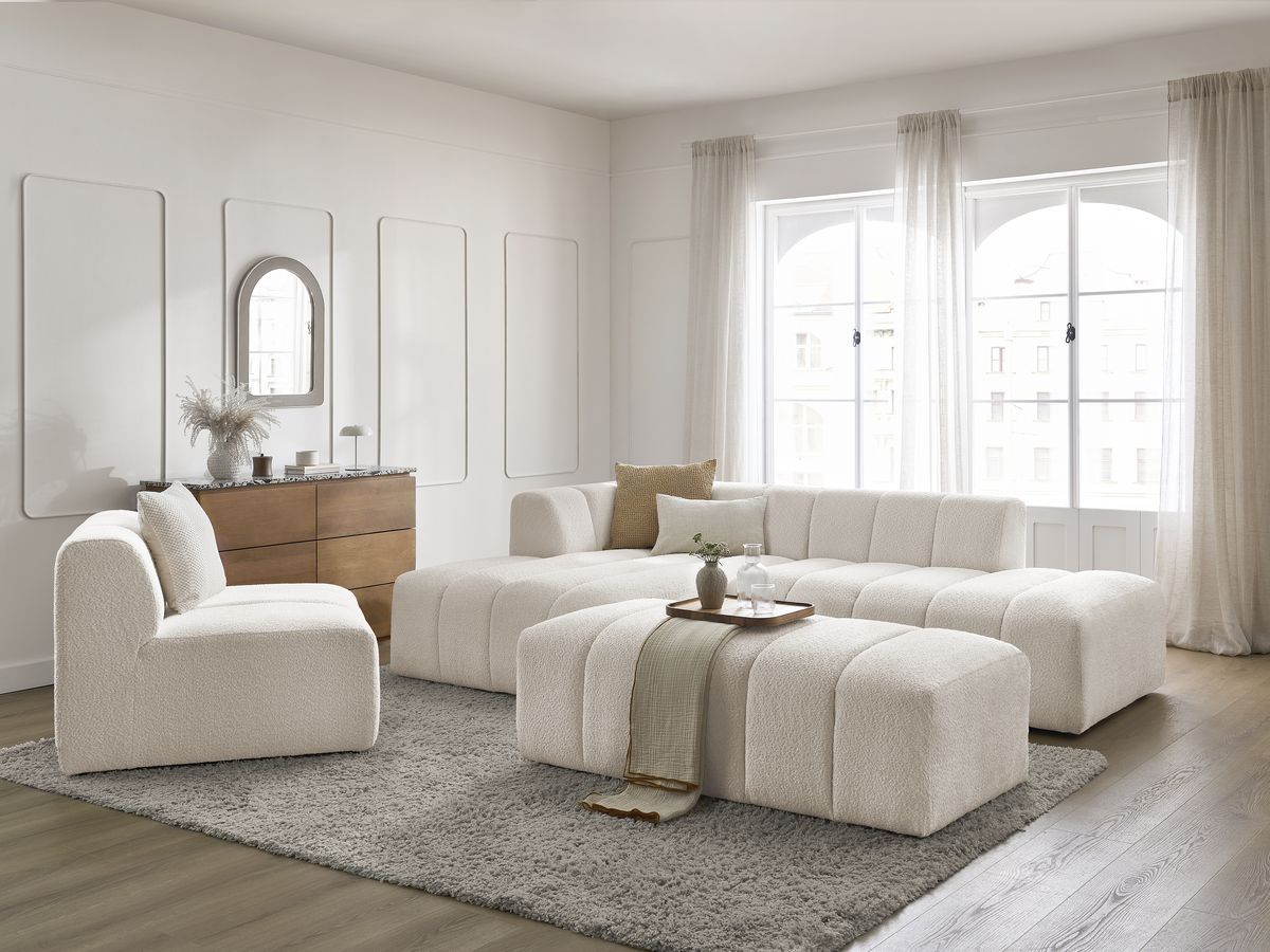 Canapé d'angle fixe modulable ANNECY tissu bouclette avec 1 chauffeuse 1 place et 1 pouf