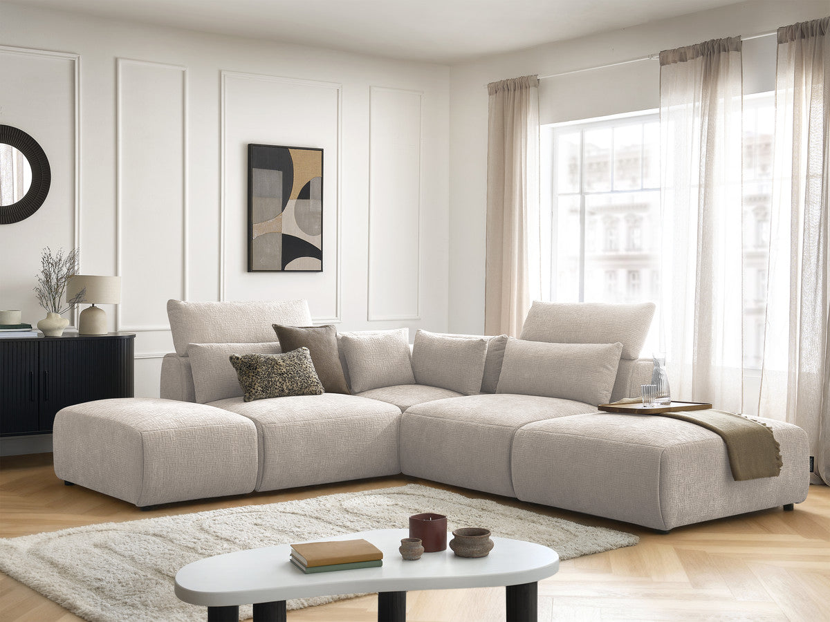 Canapé d'angle fixe modulable avec têtières JANA tissu texturé avec 2 chauffeuses, 1 angle et 2 poufs